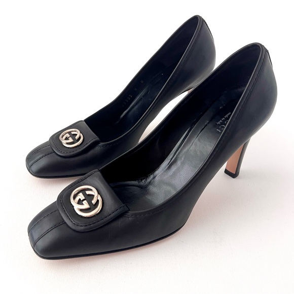 GUCCI | Black Leather GG Interlocking Logo Square Toe Pumps Heels Vintage US 8 - Picture 1 of 14